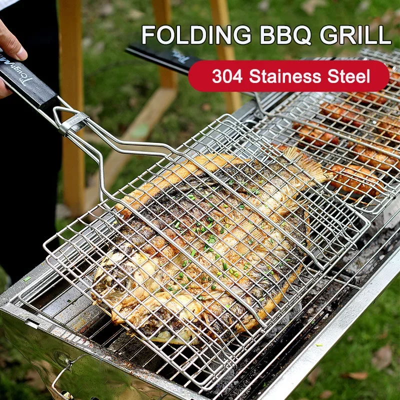 Stainless Steel Folding Grill Protable Folding Bbq Net Barbecue Square Net Grilled Fish Tongs Rack Camping Barbecue Tools
