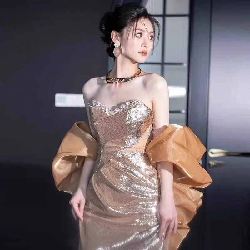 Light luxury niche sequin breast fish tail hosted toasting dress