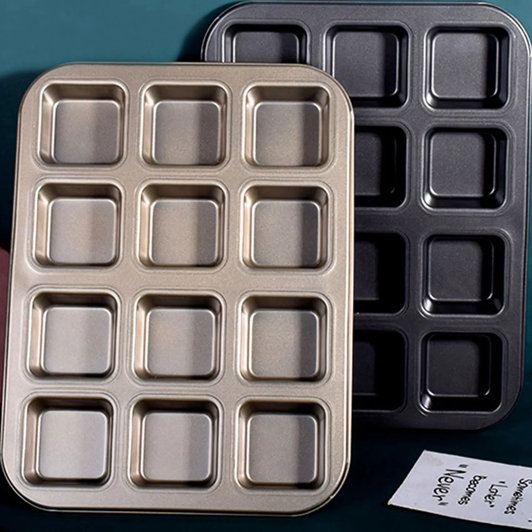 AT21-2X 12 Cups Square Mini Bread Burger Muffin Cupcake Mold For Household Non-Stick Baking Pan Oven Trays Pastry Tool(Gold)