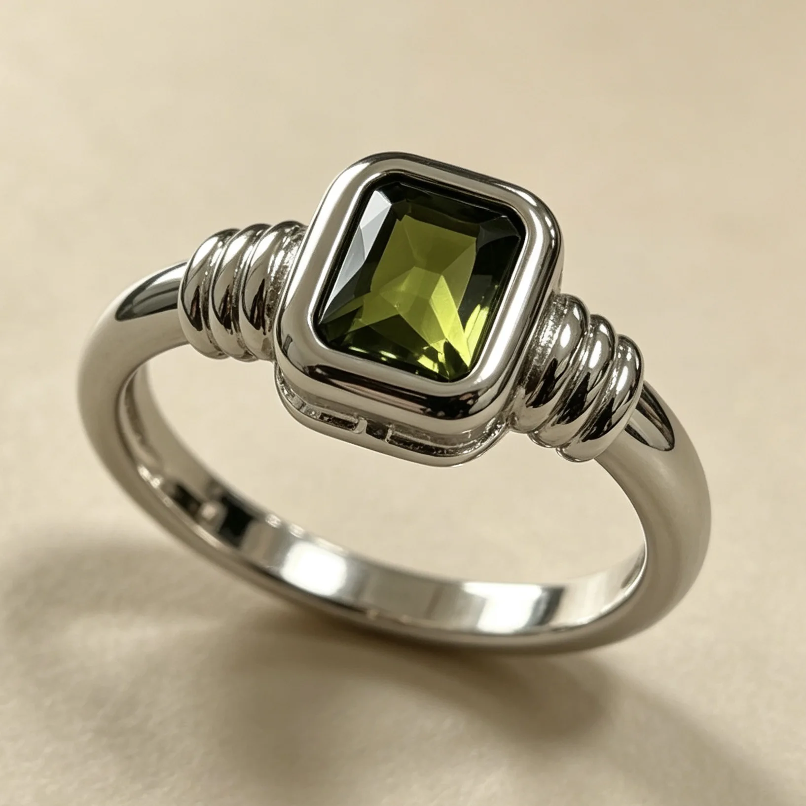 Minimalist Rectangle Green CZ Ribbed Shank Solitaire Statement Ring for Women,Dainty Daily Jewelry Gift for Birthday Anniversary