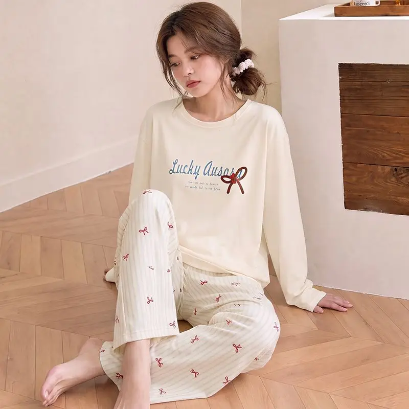 2026 Autumn Long Sleeve 100% Cotton Print Pajama Sets for Women Korean Loose Sleepwear Pyjama Homewear Pijama Mujer Home Clothes 5