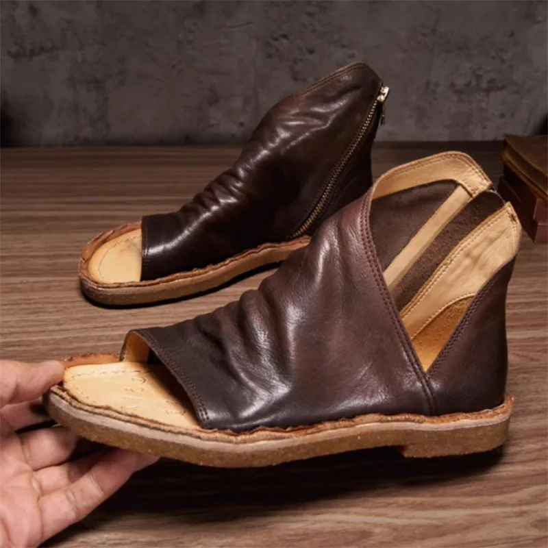 New British Fashion Genuine Leather Non-slip Soft-soled Sandals Mens Cowhide High End Open Toe Casual Beach Summer Shoes Male