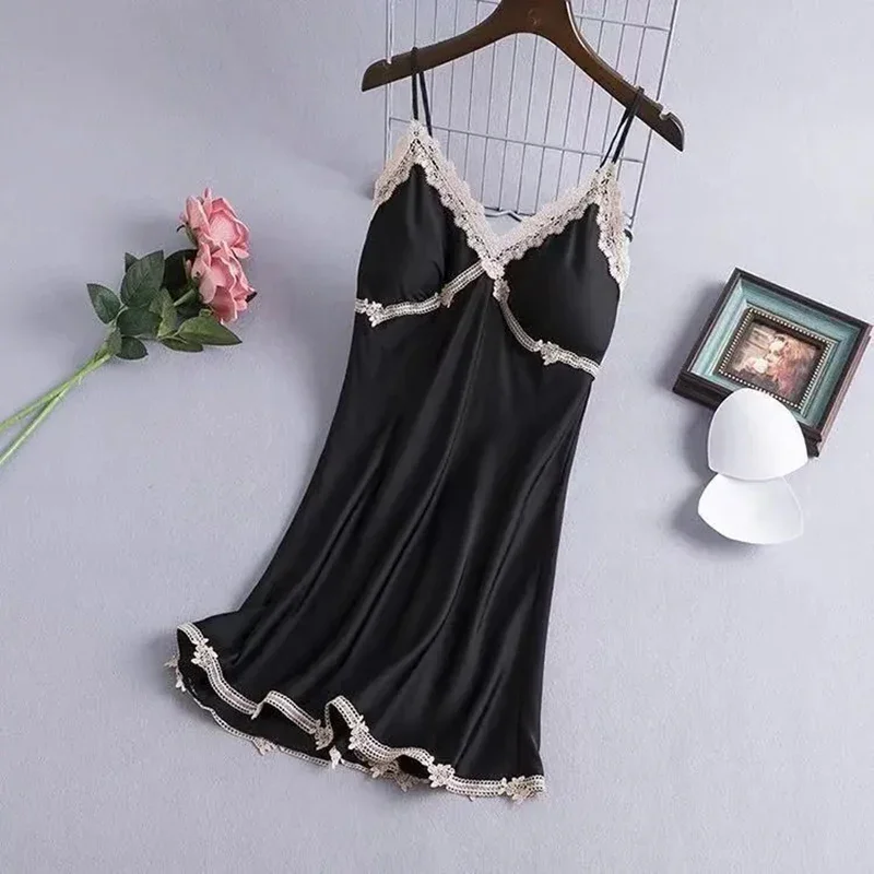 Sexy Suspender Nightdress Women'S Summer Thin Section With Chest Pad Ice Silk Lace Temptation Silk Nightgown Dress Home Service