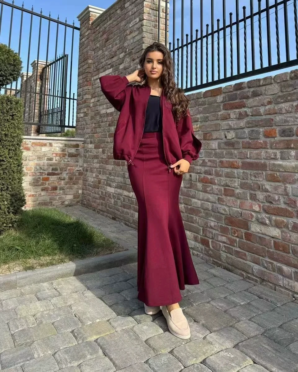 

Однотонный кардиган и юбка на молнии, комплект с запахом вокруг длинного платья из двух предметов, женский весенний полиэстер, длинный све, круглый...