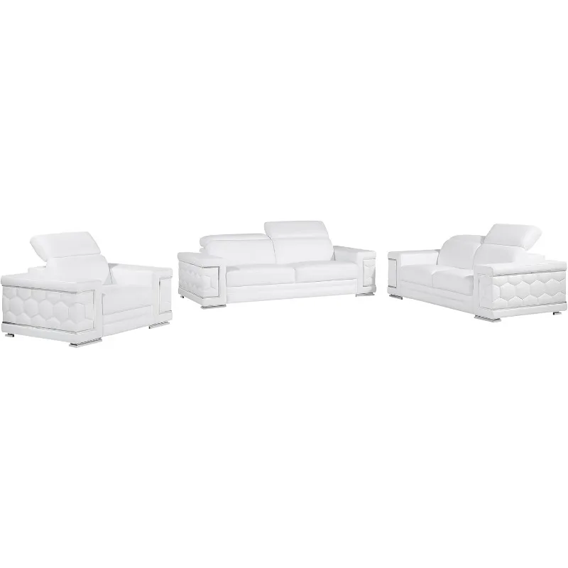 Soren 3 Piece Leather Upholstered Adjustable Headrests, Solid Brazilian Wood Frame and High Density Foam Cushioning