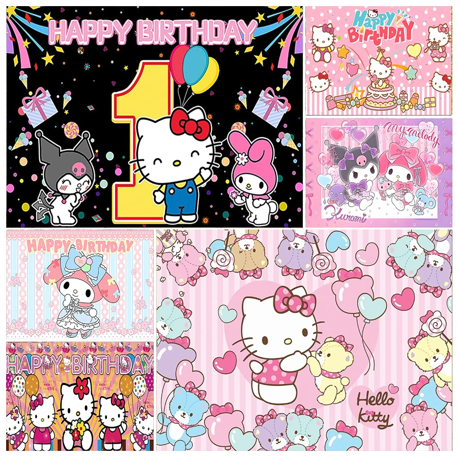 Rainbow Garden Photo Backdrop Birthday Party Supplies Melody Kitty and Kuromi Birthday Background Banner for Party Decorations