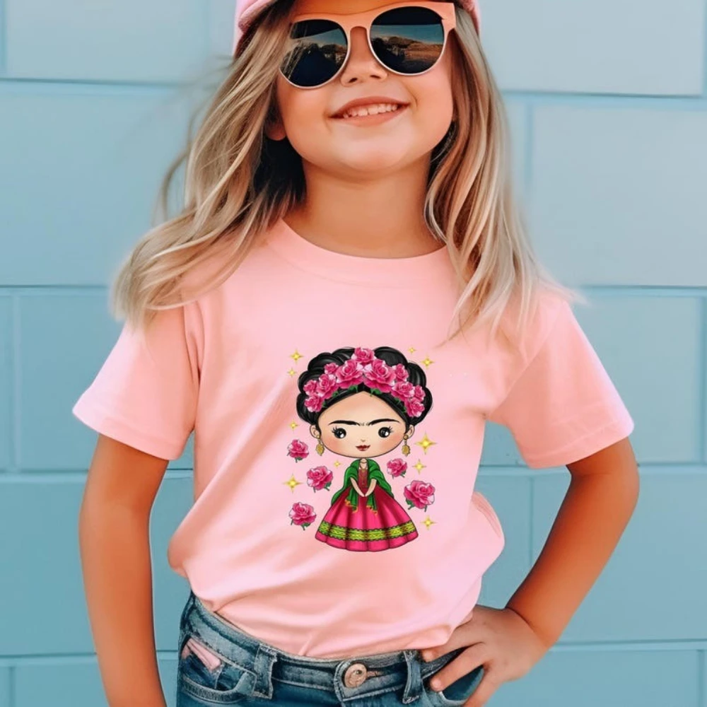 Little Frida Shirt Cute Mexican Girl T-shirt Mexican Traditional Culture Shirt for Kids Shirt Girls Daily Life Casual Cotton Ee