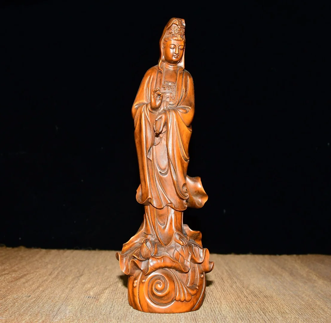 

8"Tibetan Temple Collection Old Boxwood washing bowl Amitabha Guanyin Bodhisattva Buddha Worship Hall Town house