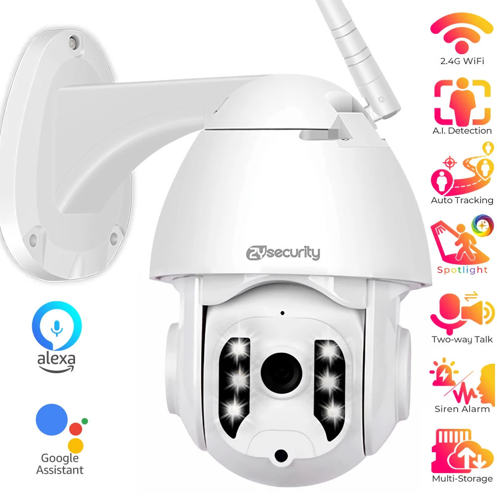 2MP Wifi IP Camera Outdoor Auto Tracking PTZ Camera Color Night Vision 2-way Audio Security Camera work with Alexa and Google