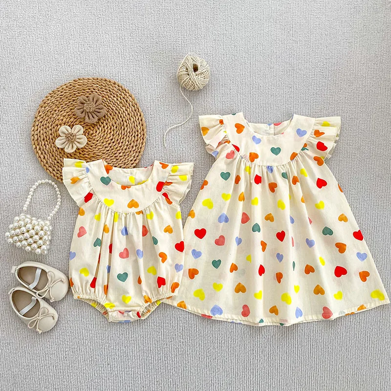 Summer Girls Dress Flutter Sleeve Baby Bodysuit Princess Dress Kids Sister Matching Outfits Big Sister Little Sister Family Look
