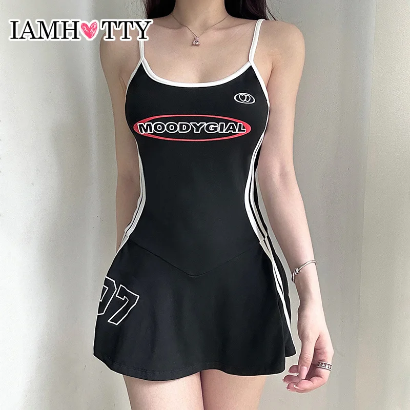 IAMHOTTY Retro American Style Letter Print Mini Dress Streetwear Casual Basic A-line Mini Dresses Side Striped Sleeveless Robe