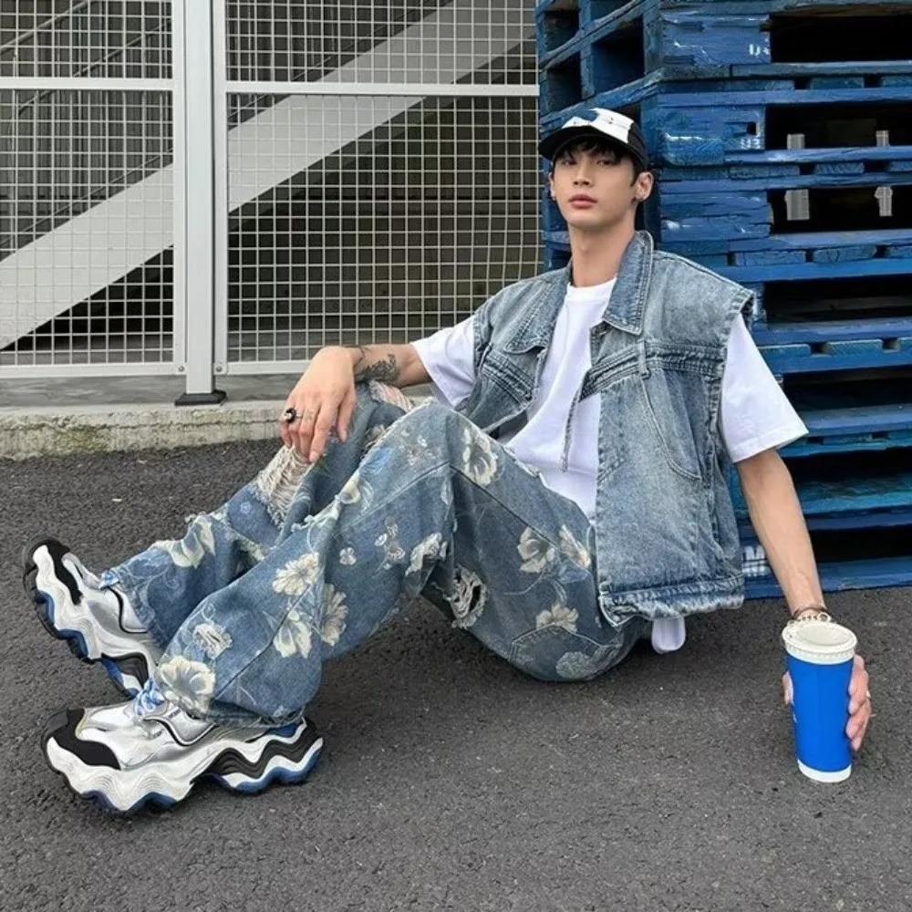 Vintage Floral Jeans Women Y2K Ripped Ins Straight Denim Trousers Wide Leg Loose Broken Hollow Pants Spring Autumn
