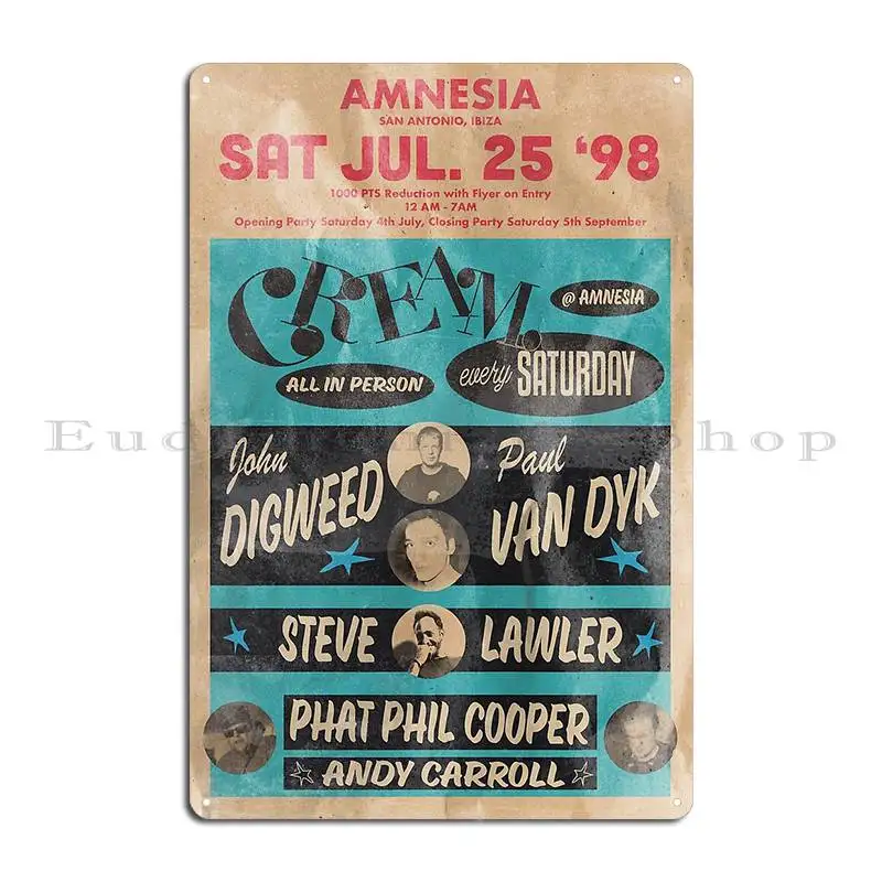 Amnesia Ibiza 1998 John Digweed Paul Van Dyk Cream Vintage Lick Design Metal Plaque Poster Wall Cave Printing Tin Sign Poster