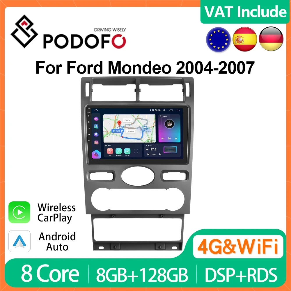 Podofo 4G CarPlay Android Radio For Ford Mondeo 2004-2007 Car Multimedia Player 2din Head Unit GPS Stereo IPS Ai Voice Autoradio