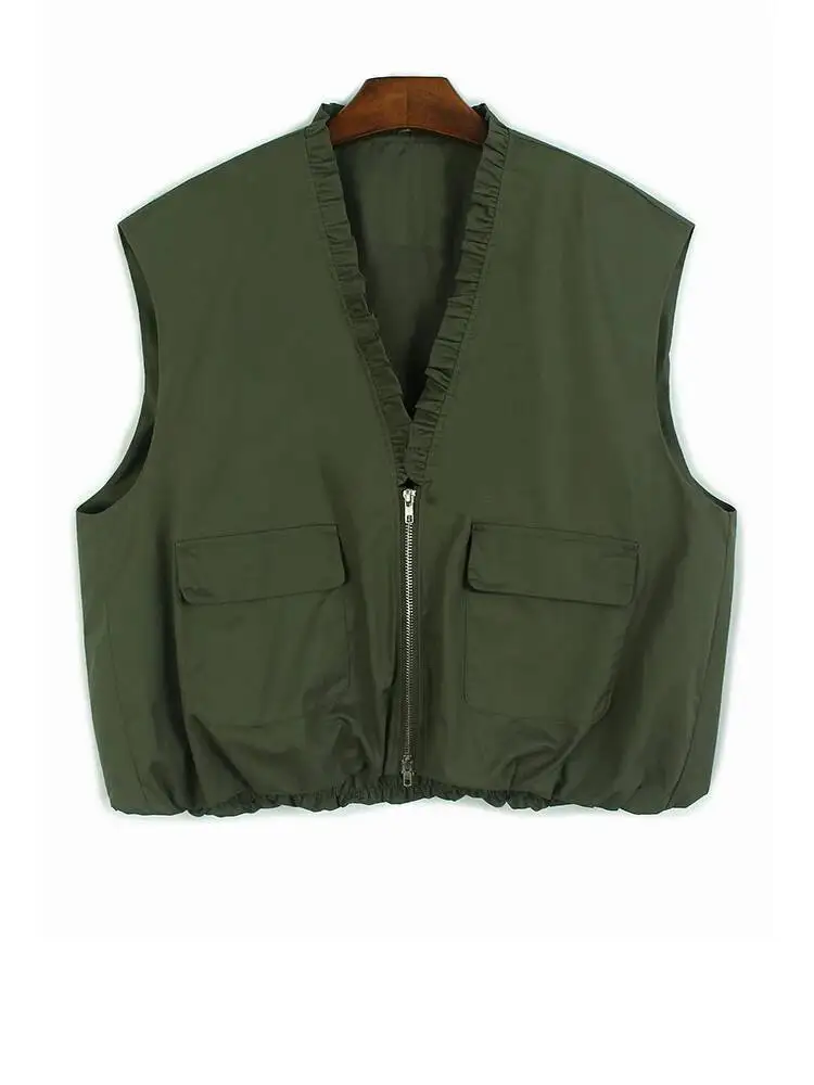 

Women Green Pleated Ruffles Pocket Big Size Casual Vest New V-collar Sleeveless Fashion Tide Spring Autumn