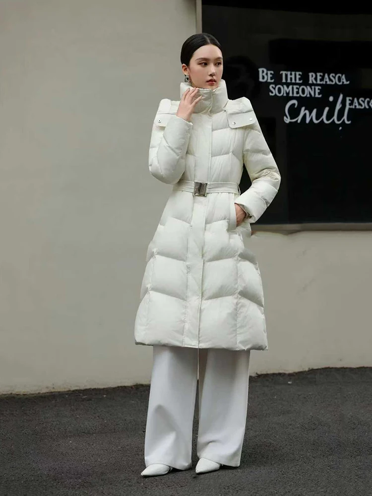 

Winter Long with Belt Hooded Down Jacket Female Big Pocket Warm Parker Outwears Women White Duck Down Knee Length Down Jackets