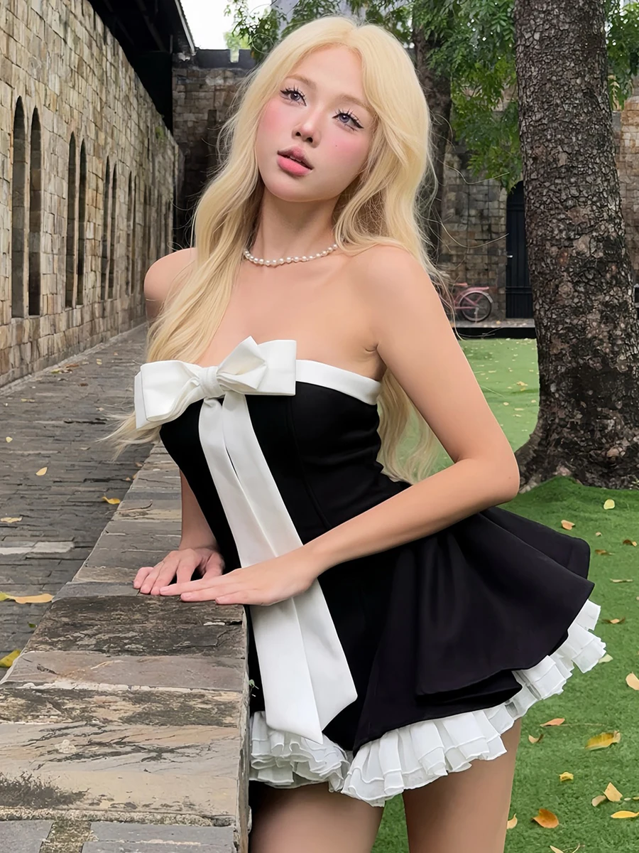 مجموعة تنورة نسائية من Weird Puss Sweet Girl Knot Tube Top ter Dr، ملابس عمل للطلاب