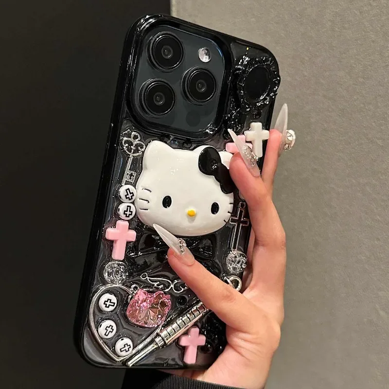 Kawaii Hello Kitty Cartoon DIY Phone Case Suitable for IPhone 15 14 13 11 16ProMax Y2k Cool Girl Anti Drop Transparent Case 2025