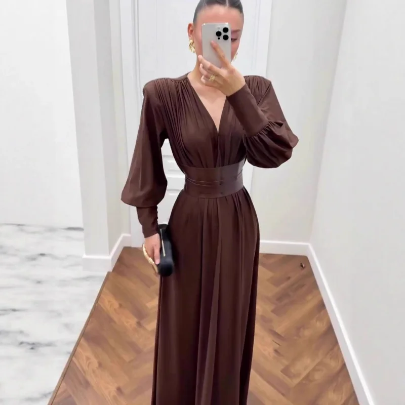 

2025Autumn retro elegant temperament long-sleeve cinched waist long dress for women