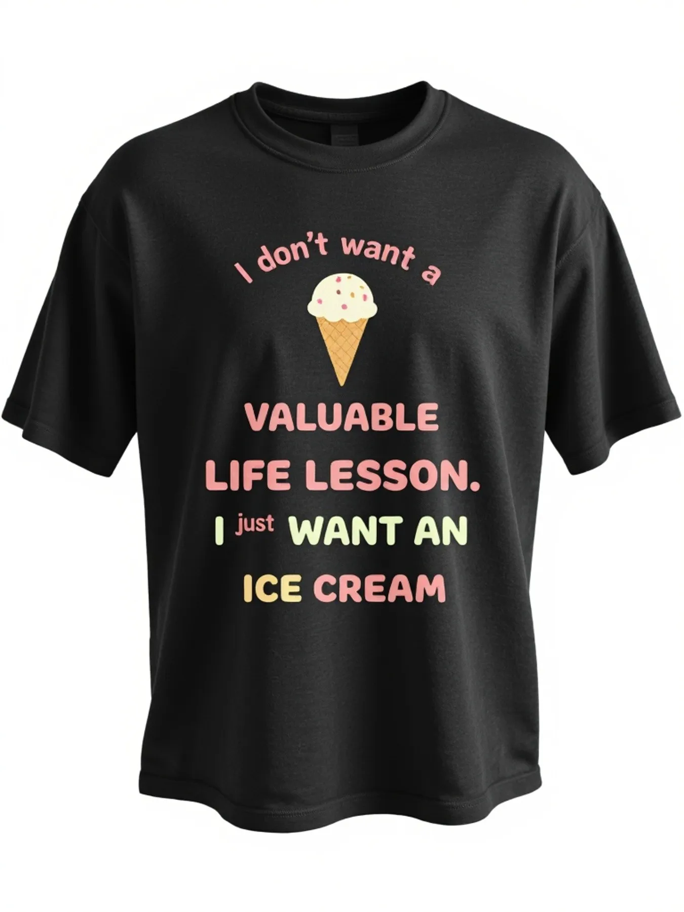 

Men's Funny Ice Cream Quote T-Shirt with the Slogan "I Want to Eat Ice Cream" and Cone Print, Black Casual Short-Sleeve T-Shirt with Pink and Green Text, Suitable for Casual Wear, Parties, Gifts (Machine Washable)