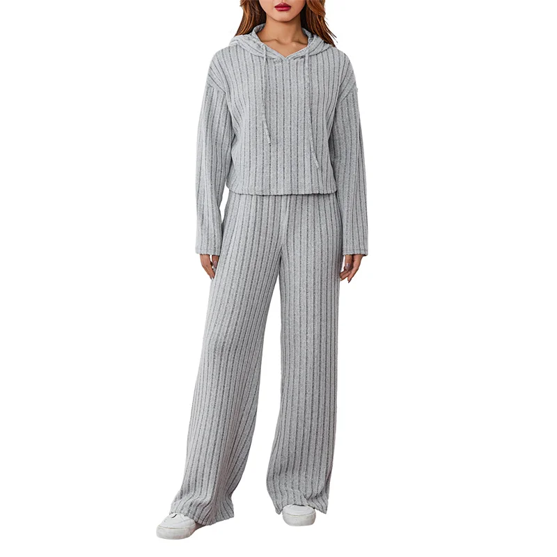 Fall Spring Outfits Women Rib Knitted 2Pcs Solid Long Sleeve Hoodies Tops Sweater and Elastic Waist Pants Suit Casual Homewear