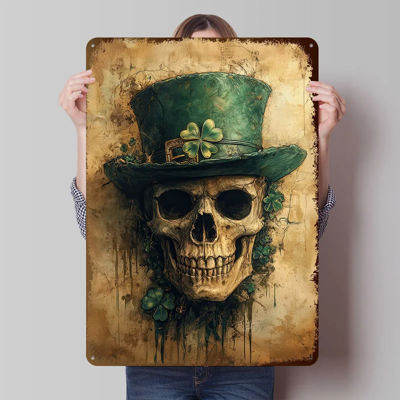 Leprechaun Skull Metallposter, individuelle Wandkunst, Retro-Vintage-Blechschilder für Zuhause und Dekoration, Gaming Wand Deko, Bürodekoration