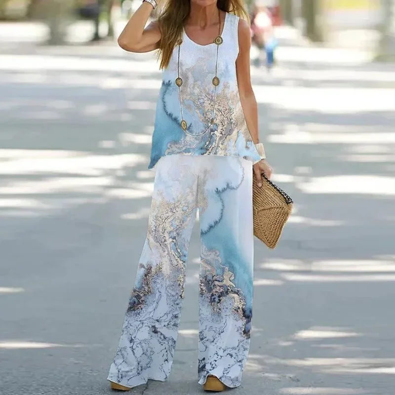 Conjunto elegante de dos piezas con estampado de flores botánicas para mujer, jersey de cuello redondo, chaleco sin mangas, Tops de pierna ancha, pantalones largos, trajes femeninos informales