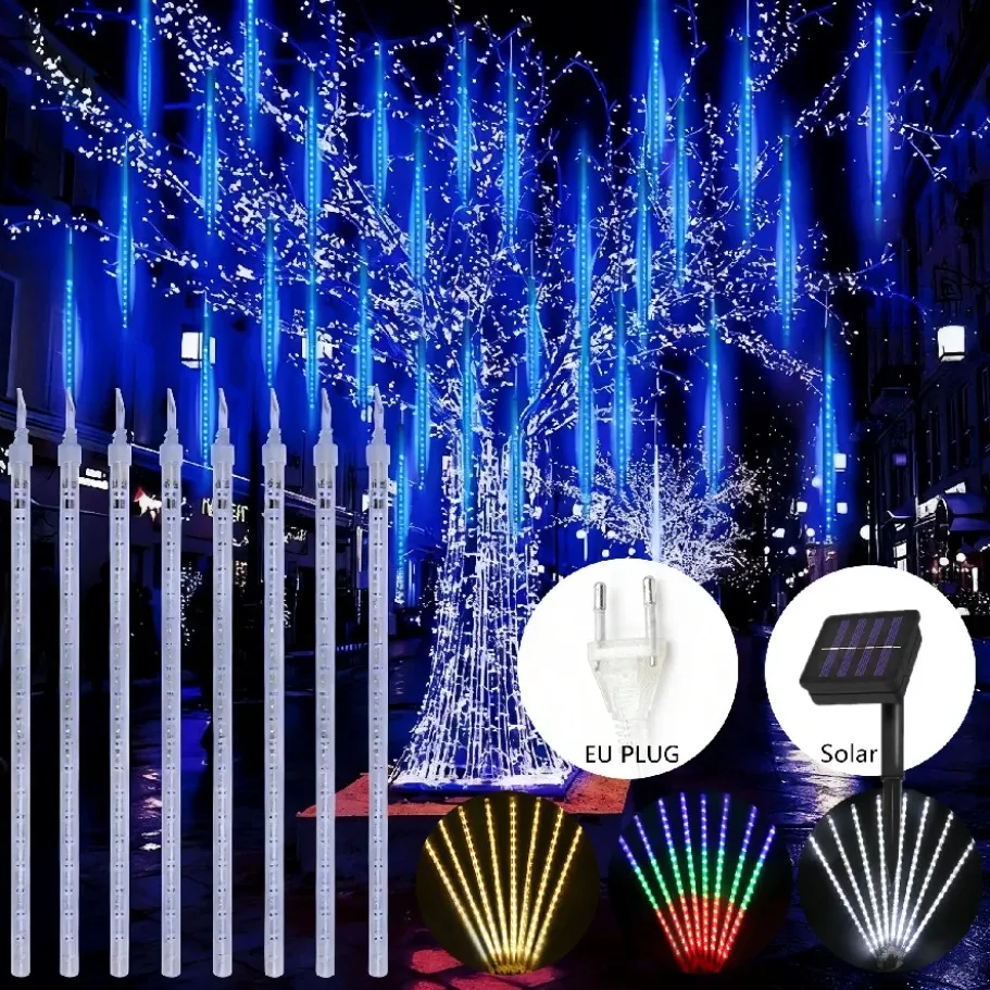 30/50CM 8 Tubes Solar/EU LED Meteor Shower Rain Lights Fairy String Light Waterproof Falling Raindrop Holiday Party Patio Decor