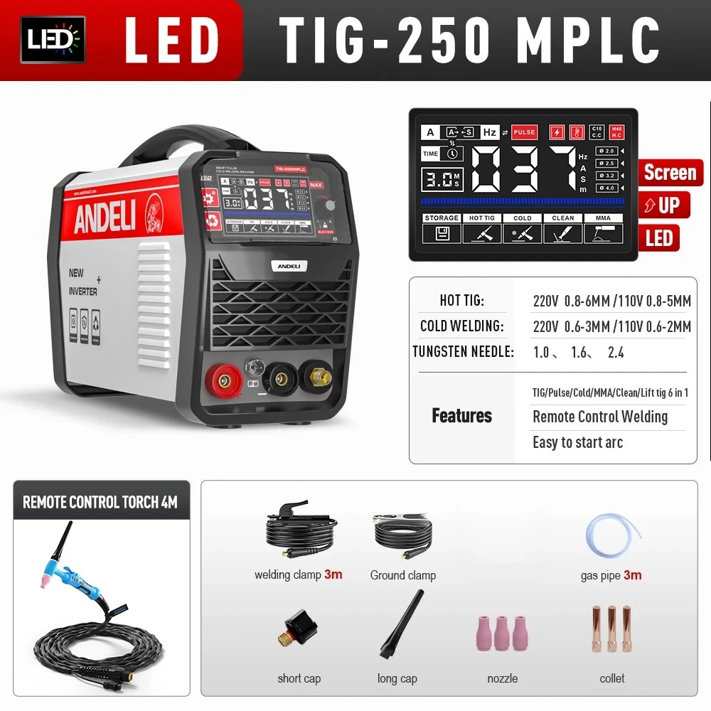 ANDELI TIG-250MPLC 110/220V Cold Welding Machine HOT/Cold/MMA/CLEAN/TIG Pulse 5 in 1 IGBT Inverter Multi-function TIG Welder