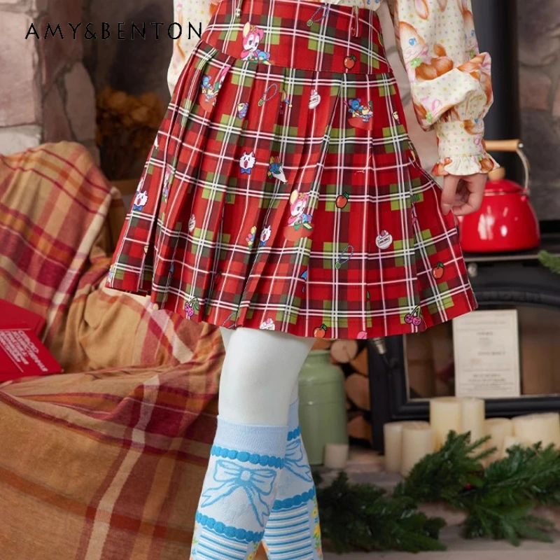 

Autumn Winter Red Plaid Thickened Christmas Women's Pleated Skirt Original Design Loose Slimming Versatile Short Skirts Ladies
