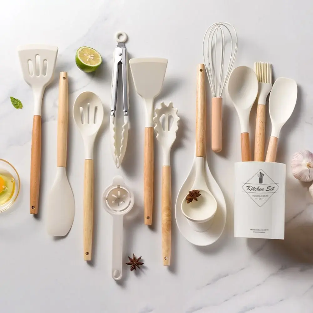 

12/14Pcs/Set Heat-Resistant Kitchen Utensils Set Eco-Friendly Multi-functional Silicone Kitchenware Set Wooden Handle Save Space