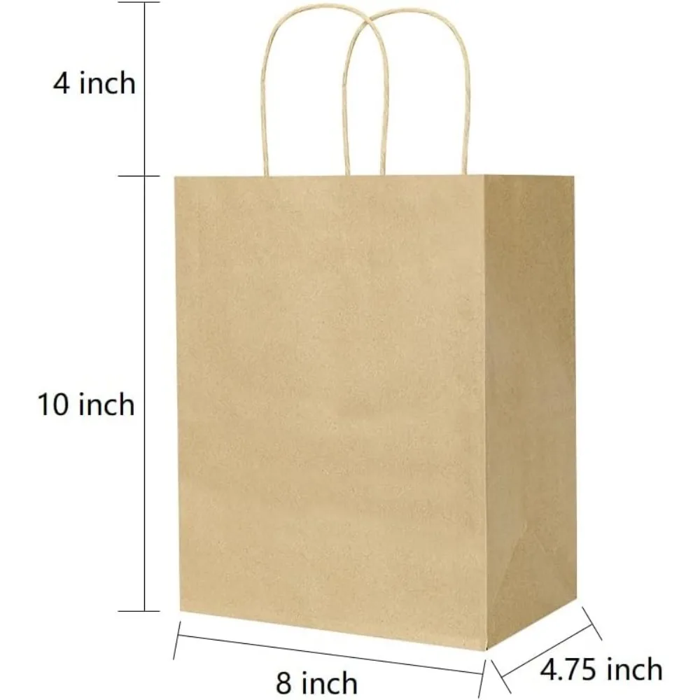 50 Pack 8x4.75x10 Inch Brown Kraft Paper Bags with Handles for Gift, Shopping, Party, Wedding Favors, Retail, Grocery - Natural Plain