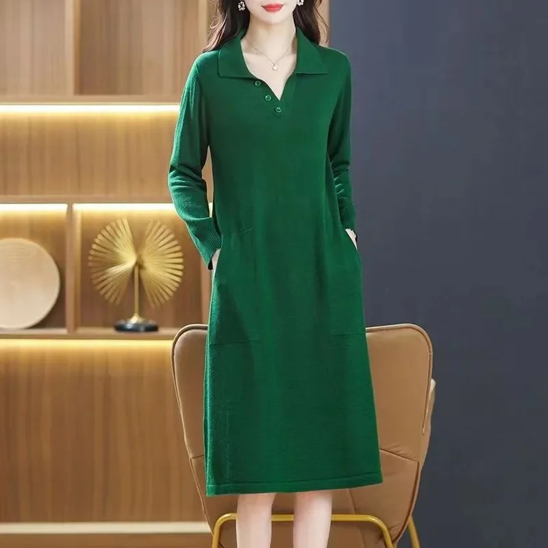 Mom\'s Autumn And Winter Thick Knitted Wool Dress Wool Sweater Slim High-End Knee Length Long Sleeved Dress Loose Plus Size XXXL