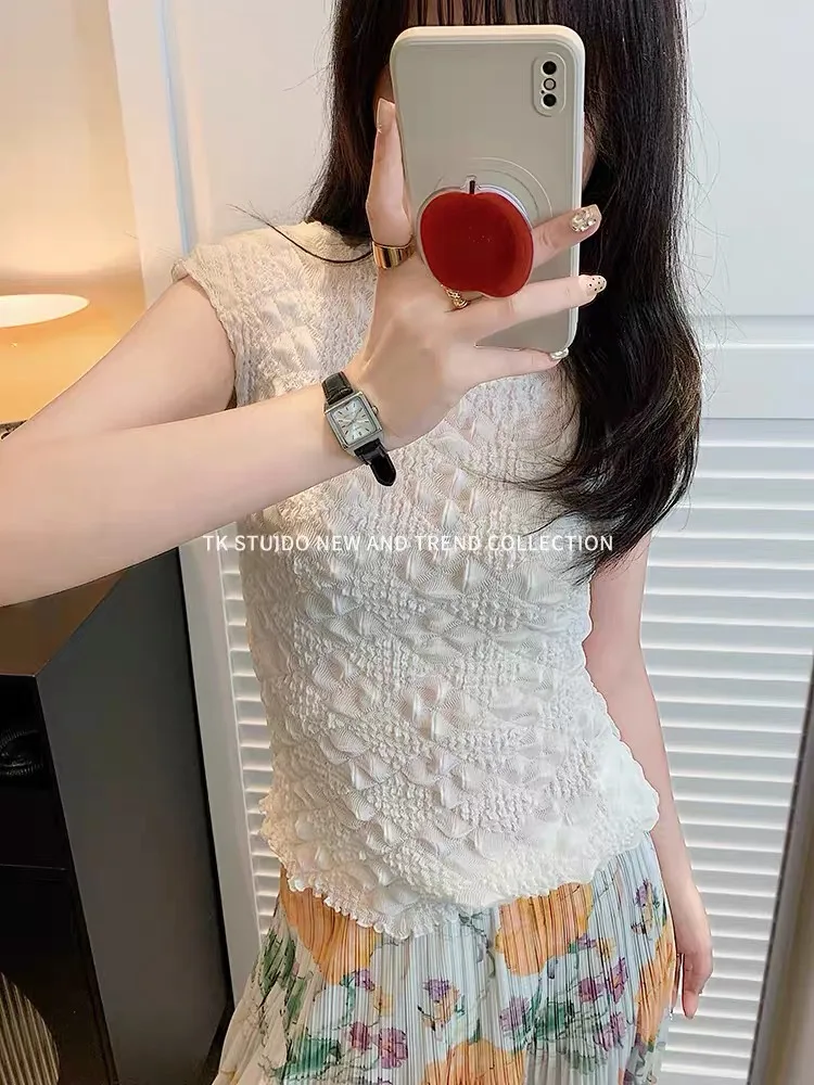 ALSEY Women Ruffle Mock Neck Short Sleeve Blouse Solid Textured Bubble Fabric Slim Fit Frill Edge Hem Elegant Casual Office Lady