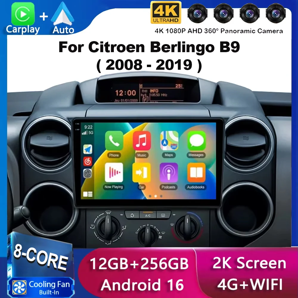 Android 16 Carplay Auto For Citroen Berlingo B9 Peugeot Partner 2008-2019 Car Radio Multimedia GPS Player 360 Camera Stereo WIFI