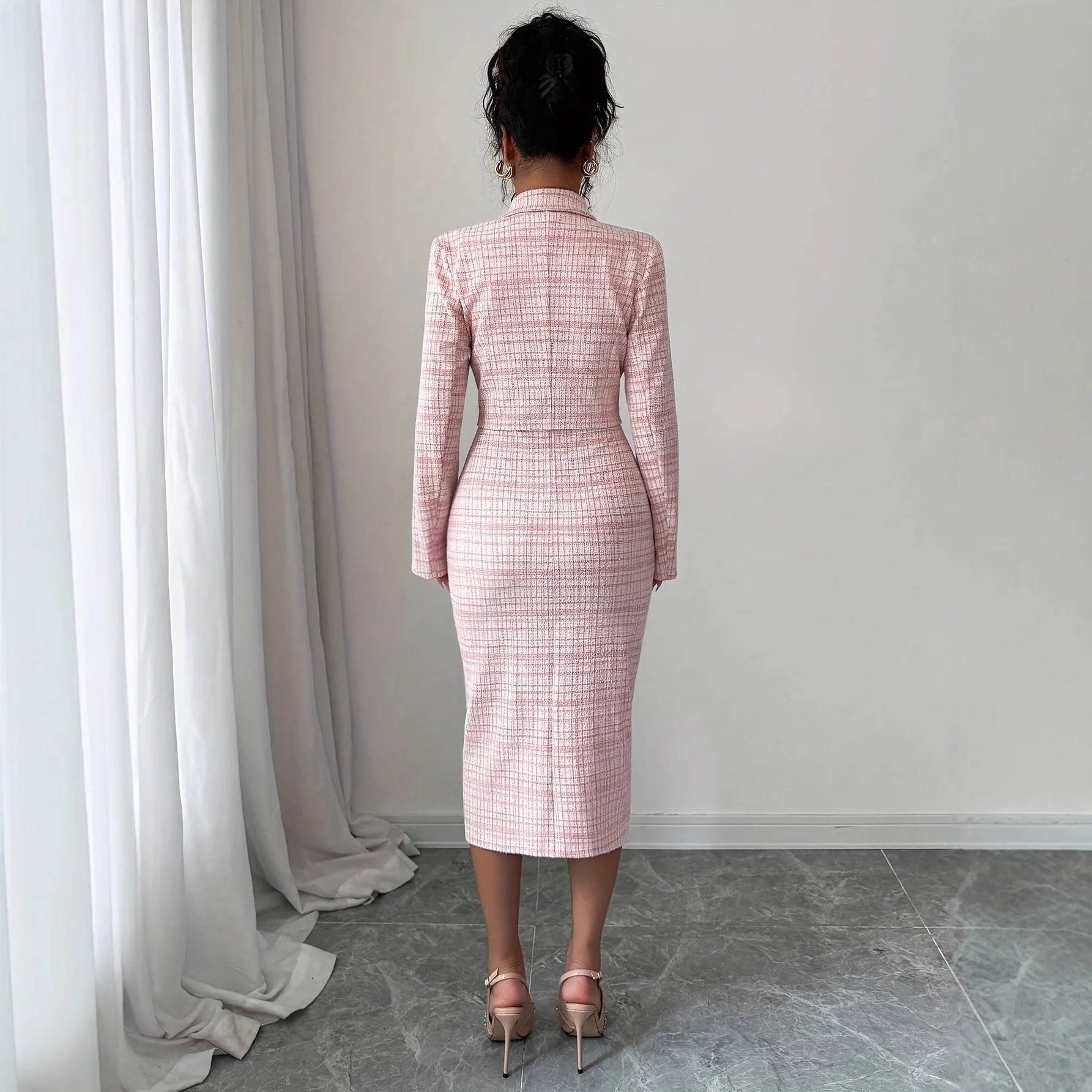 2026 New Women's Jacket Sheath Dress 2-piece Set Suit Jacket Sun Skirt Checkered Print Set Tank Top Office Elegant Dress Set