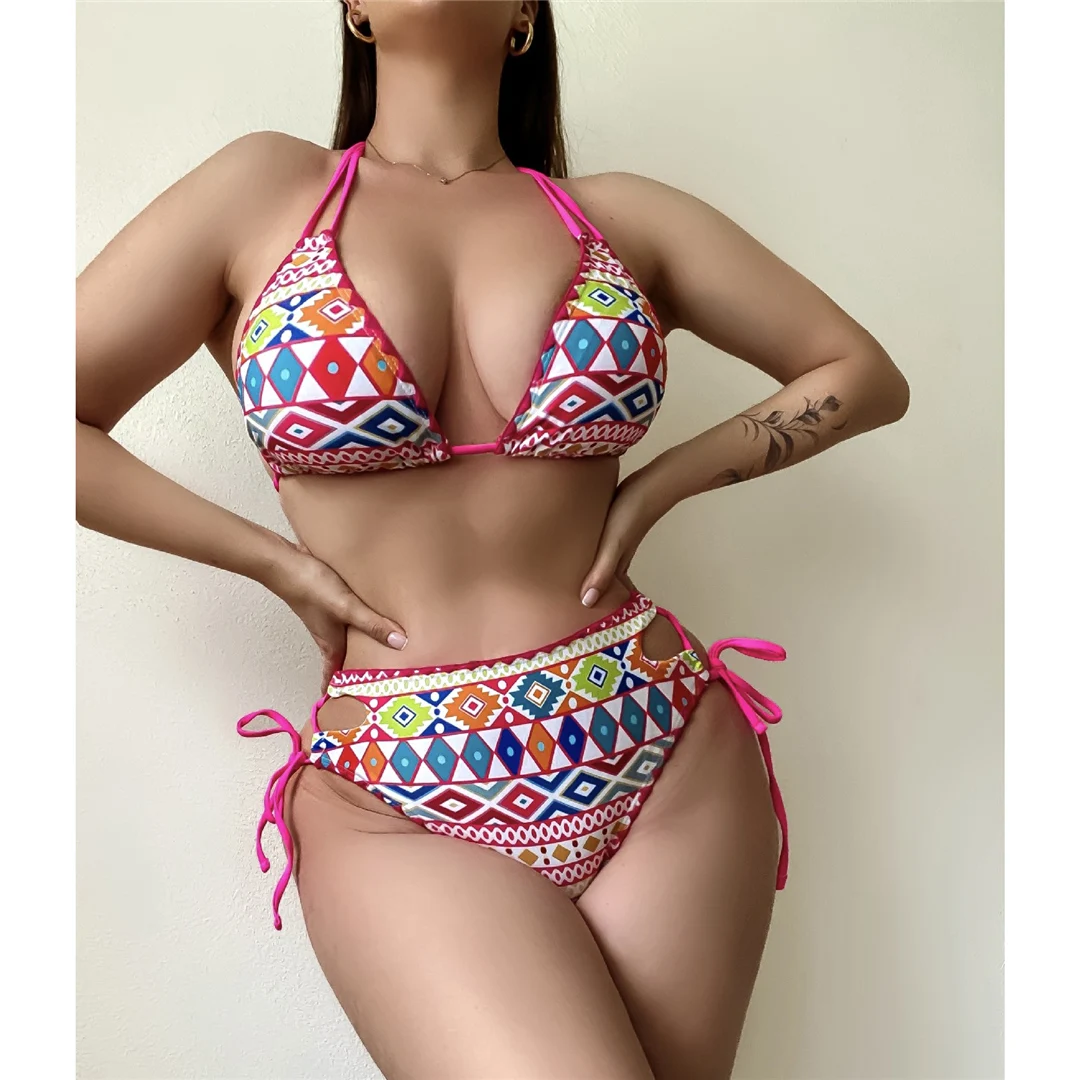 S - XL Sexy bedruckter Neckholder-Bikini mit hoher Taille, Damen-Badeanzug, zweiteiliges Bikini-Set, Badebekleidung, Badeanzug, Schwimmanzug V5999 – Detail 9