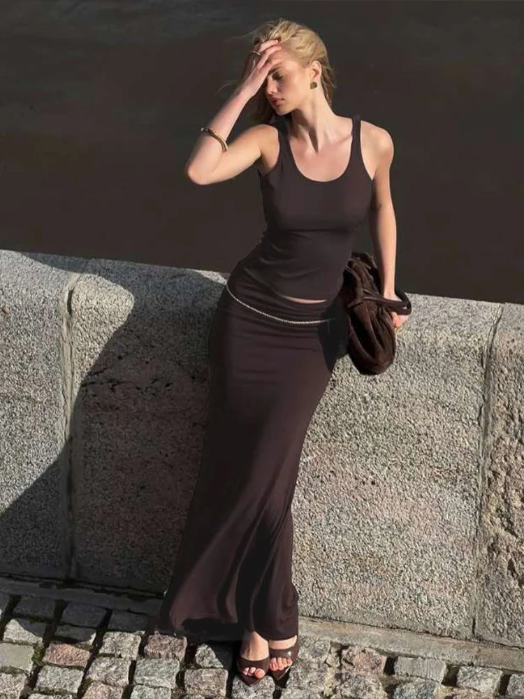 

Whatiwear Y2K Solid Elegant 2 Piece Set Women o-Neck Sleeveless Tops+Peach Buttocks Ruched Skirts Casual Simple Fashion Outfits