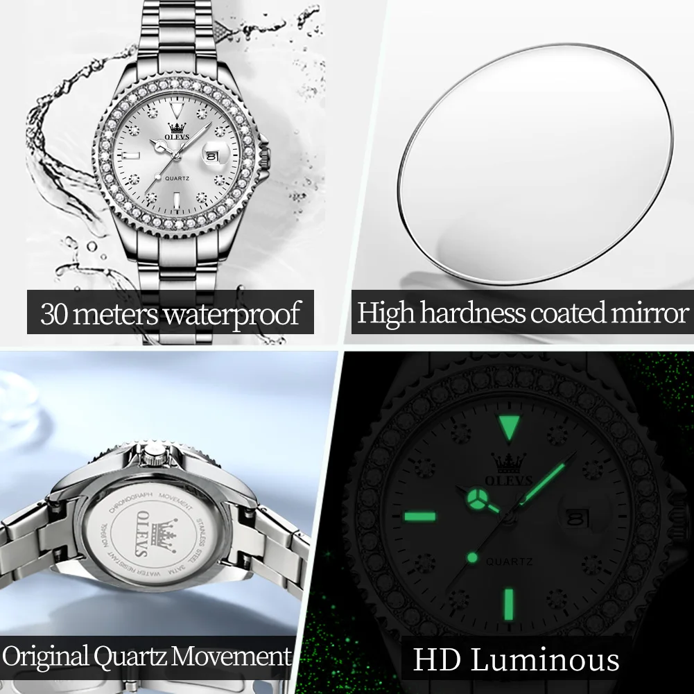 OLEVS Original Women Watch Luxury Diamond Stainless Steel Waterproof Quartz Ladies Wristwatch Luminous Femme Watches Reloj Mujer