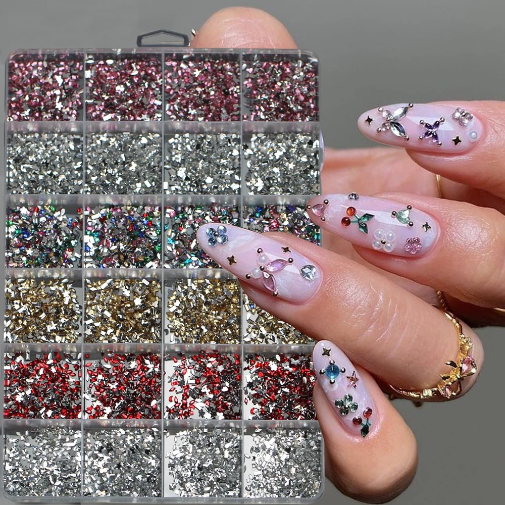 6000pcs Mini Color Multi Shapes Crystal Flatback Nail Gems 24grid Irregular Nail Rhinestones 3D Star Heart Flower Nail Charms