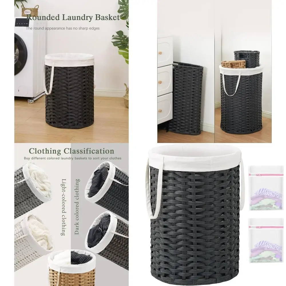 

Large Round Rattan Laundry Basket with Removable Liner and 2 Mesh Bags, 19 Gallon Capacity for Home Use