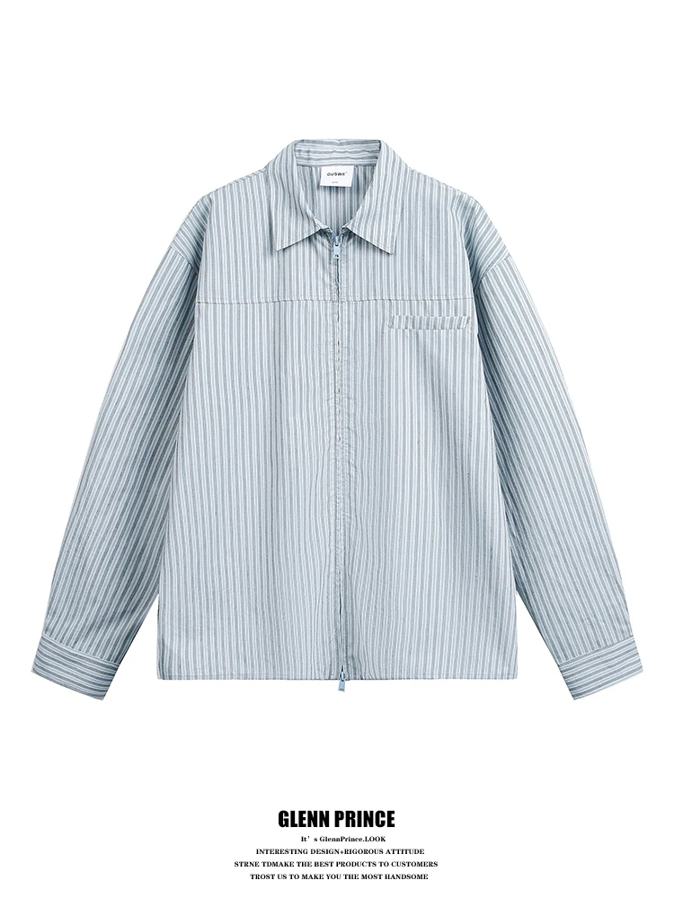 

Мужская футболка GPstudio с молнией спереди, свободного кроя, повседневная, весенняя, удобная для поездок на работу, в полоску, модный топ