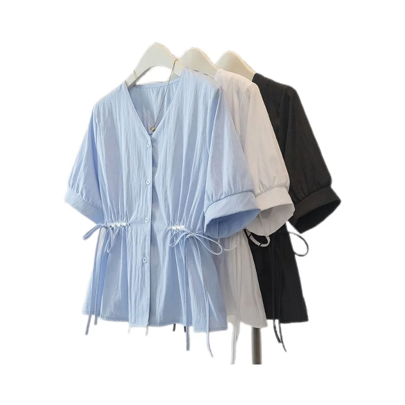 

Short Sleeve Shirts Womens Chiffon Pintuck Balloon Sleeve Slim Blouse Office Minimalist Modern Ol Lady Professional Elegant