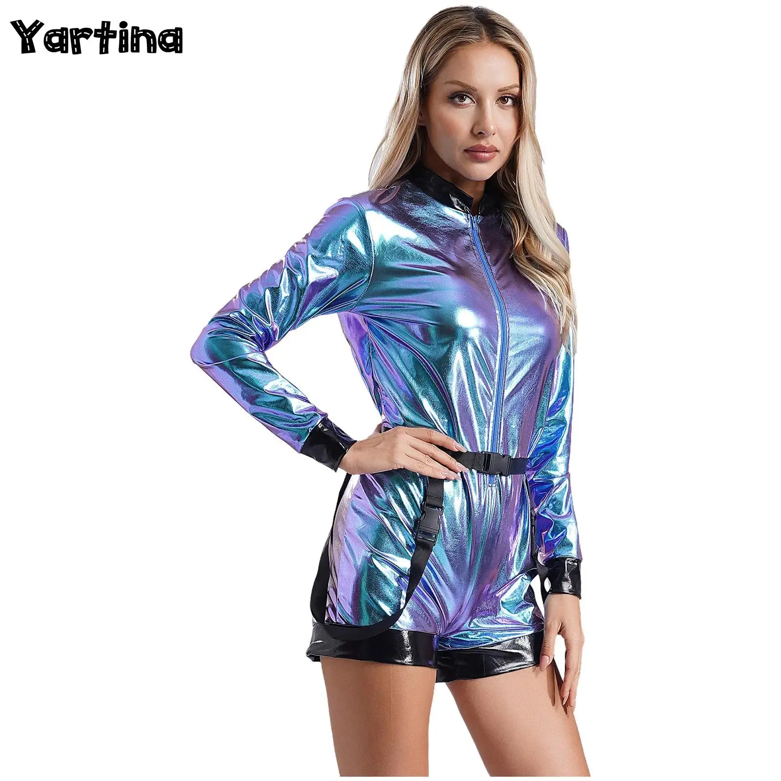 

Womens Metallic Shiny Coverall Astronaut Halloween Costume Space Alien Robot Cosplay Outfits Zipper Pilots Boyshort Bodysuit