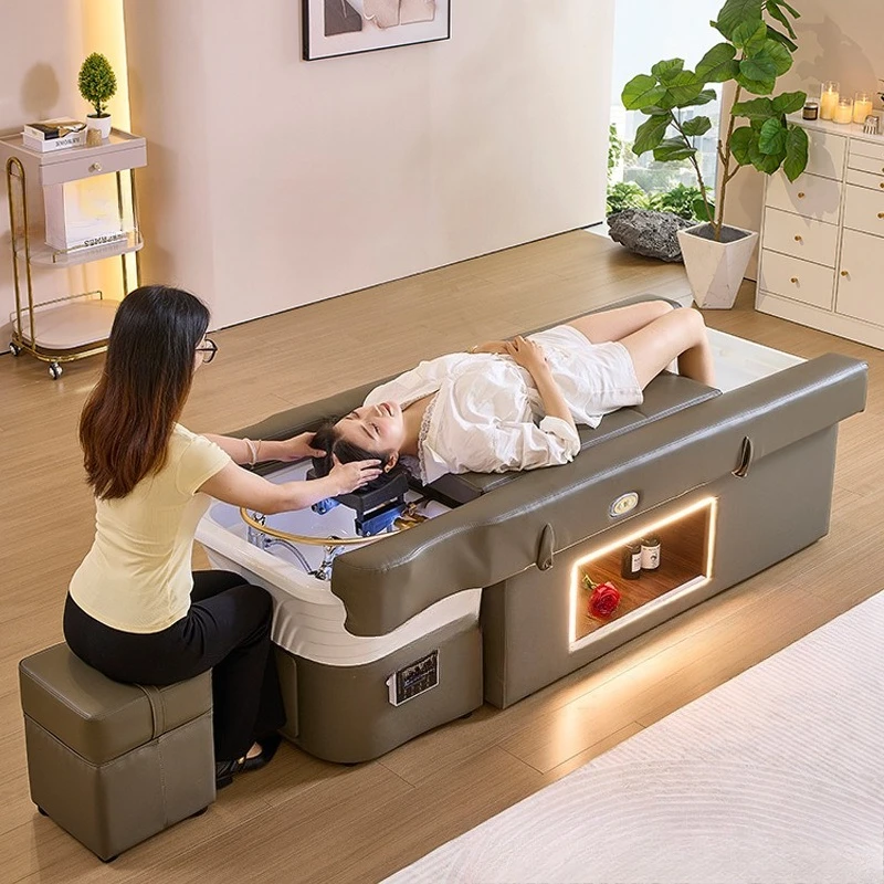 Adjustable Shampoo Bed Ceramic Basin With Ambient Light Foot Shampoo Bed
