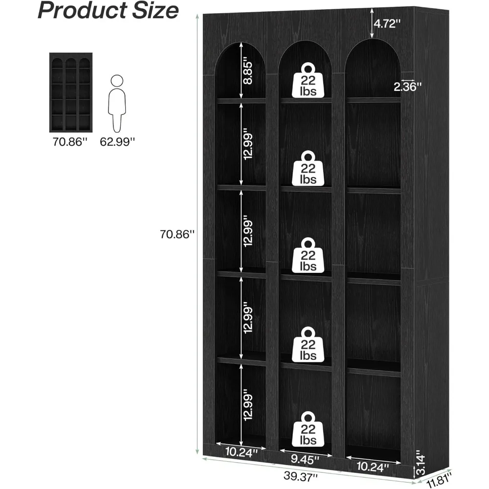 رف كتب مقوس حديث من 5 طبقات من منتصف القرن، خزانة كتب مفتوحة على الطراز القوطي بطول 70.87 بوصة للمكتبة المنزلية