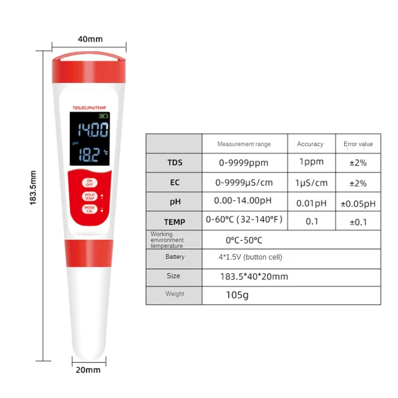 PH Meter Tds Meter Digital 4 In 1 PH EC TDS Temp Meter For Water Hydroponics, Waterproof And EC PPM Water Tester For Laboratory