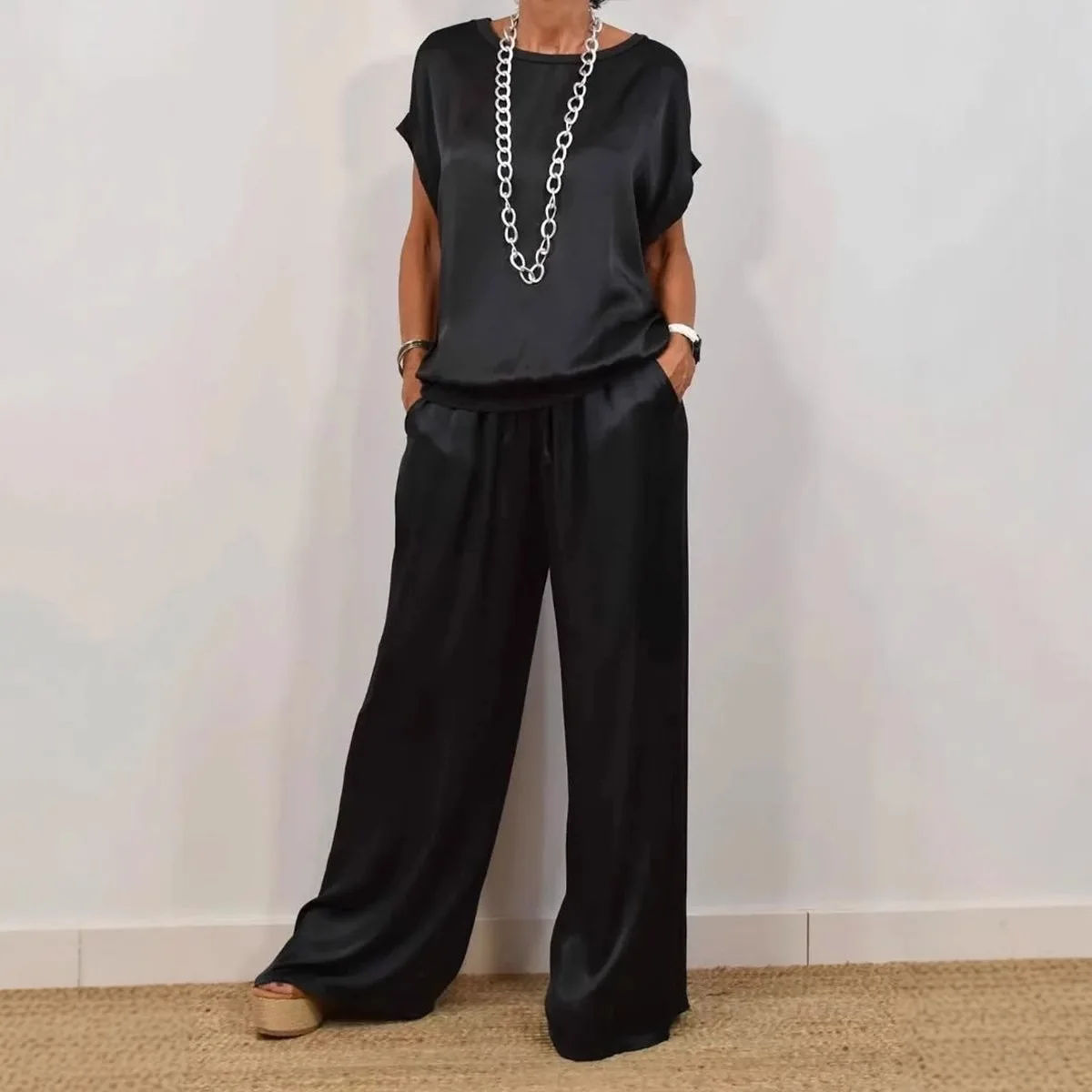 Two Piece Pant Sets Women Round Neck Short Sleeve Tops High Waist Long Pants Set Pockets Drawstring Splice Casual Summer