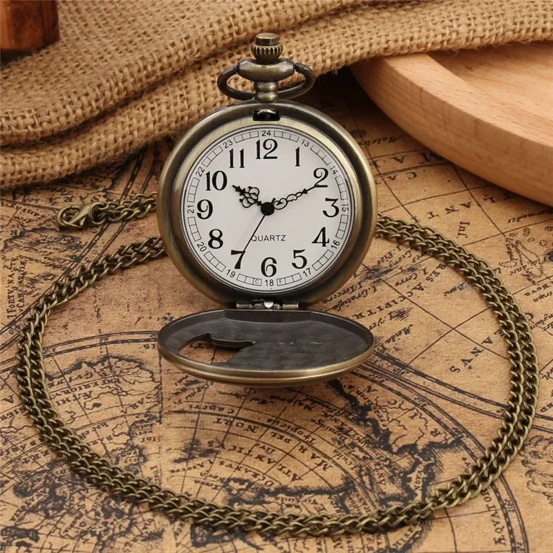 Bronze Double Wolf Moon Design Analog Quartz Pocket Watch Necklace Chain Retro Pendant Clock for Men Women Timepiece Gift