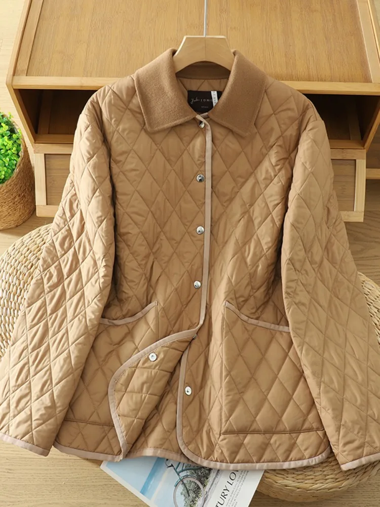 Classic Diamond Quilted Barn Style Cotton Jacket Women Winter Loose Fit Cotton Padded Warm Color Block Collar Cotton Coat